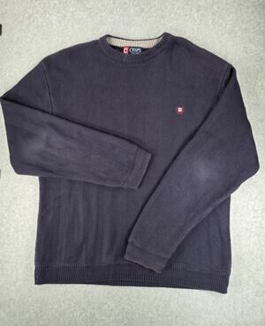 Vintage Chaps Men XL Blue Herringbone Chevron Knit Sweater Pullover Cotton Crew